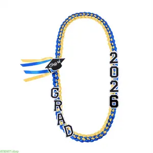 Hand Woven Two Color Graduation Ribbon Lei, Class Of 2026 Neck Garland Decorated With GRAD Letter Patches And Grad Cap Tag, Royal Blue Gold Satin Grad Neck Accessory, Comfortable Wearable Gift For Senior Graduation Ceremony And Graduation Photo Shoots