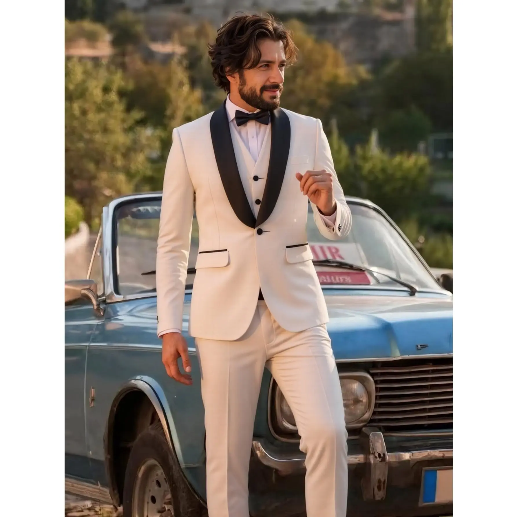 Mens White Suit 4 Piece Set - Shawl Lapel Tuxedo Jacket, Vest & Pants | Formal Wedding Blazer Classic Menswear suits