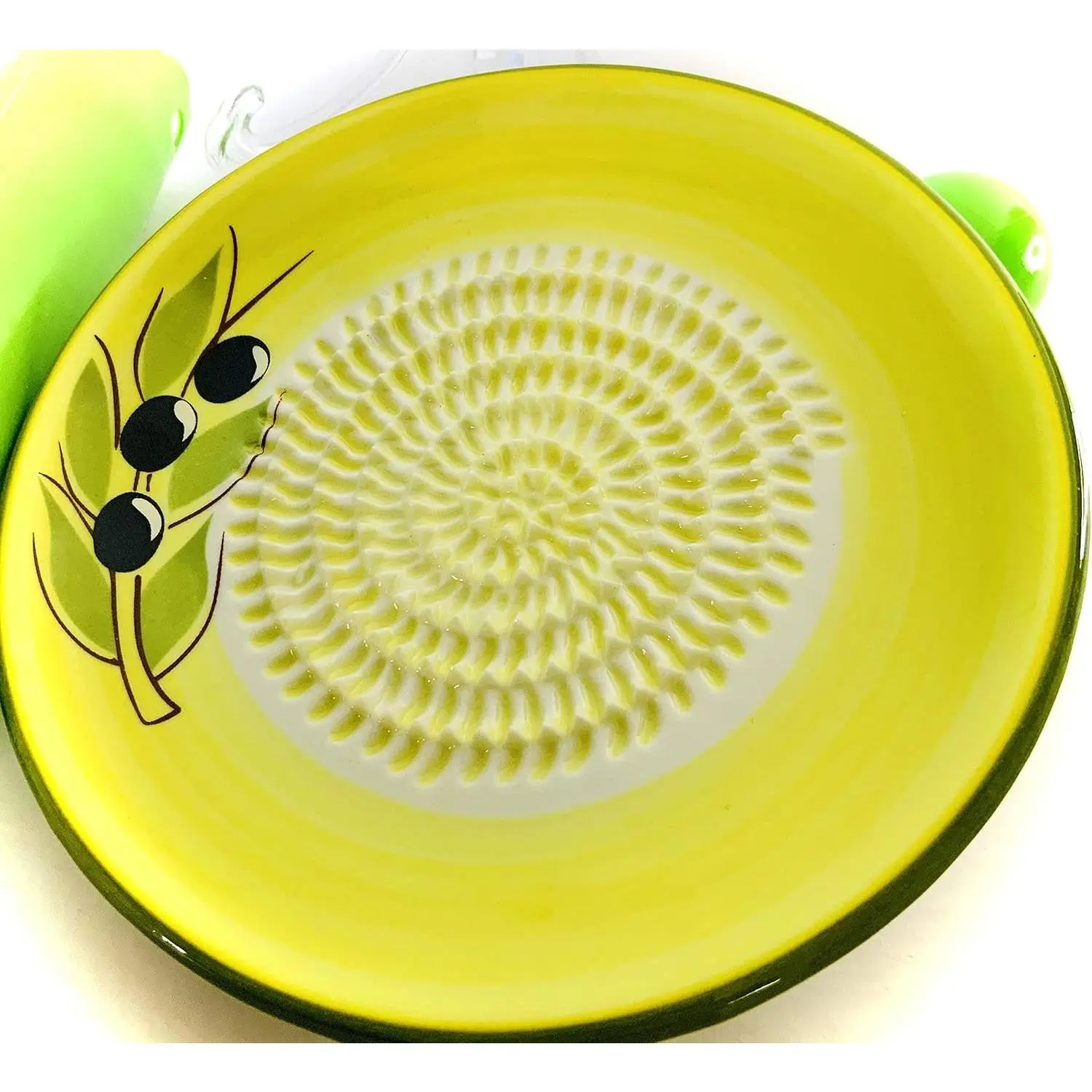 Ceramic 4 Count Garlic Grater Set -  Olive Design with Garlic Peeler, Gathering Brush & Stand for Turmeric, Ginger &