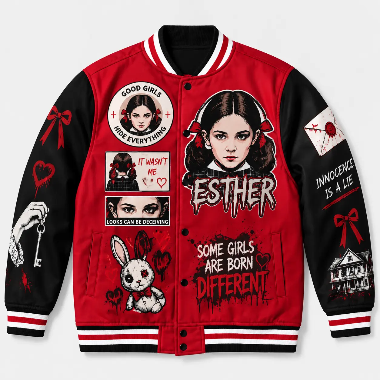 Esther Varsity DIEUAI Jacket All-Over Printed Graphic, Polyester Orphan Horror Character Outerwear for Movie Fans