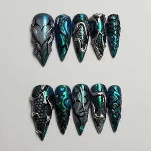 Emerald Green Snake Press On Nails Dragon Scale Chrome Stiletto Dark Fantasy Handmade Statement Nails Set