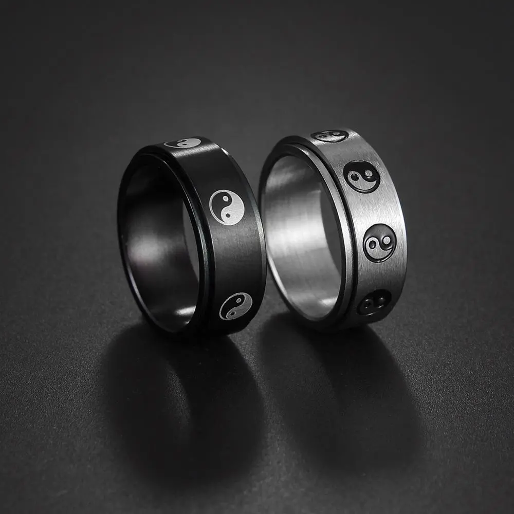 Traditional Chinese Ying Yang Rings for Men Woman 8MM Black Rotatable Stainless Steel Exorcism Gossip Male Prayer Jewelry