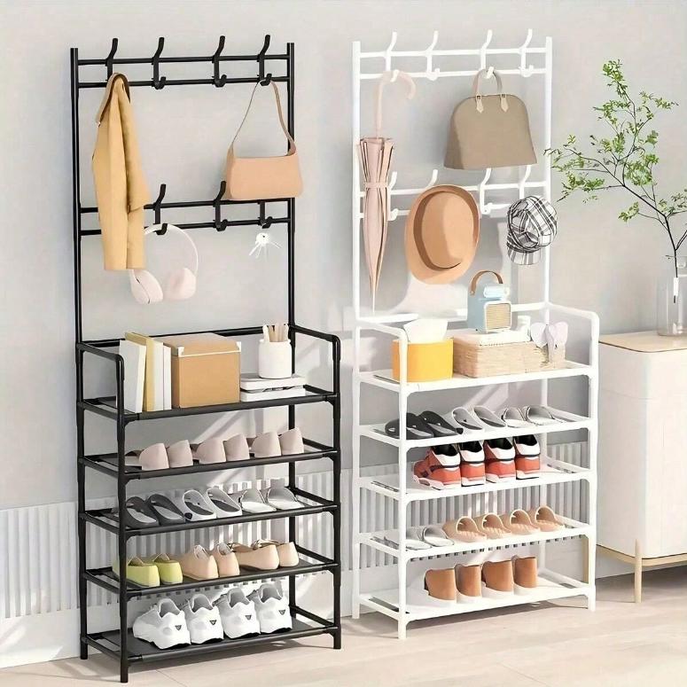 Nordic style white coat, hat, and shoe rack integrated floor standing hanging rack, multi-layer shoe rack, entrance storage rack (68in * 24in * 10.23in)