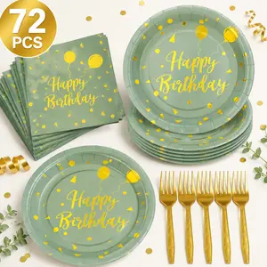 72PCS Happy Birthday Party Tableware Set, Sage Green and Gold Disposable Paper Plates, Napkins and Forks for 24 Guests, Includes 7 Inch Plates, 6.5 Inch Napkins and 6.3 Inch Forks for Birthday Party Decorations