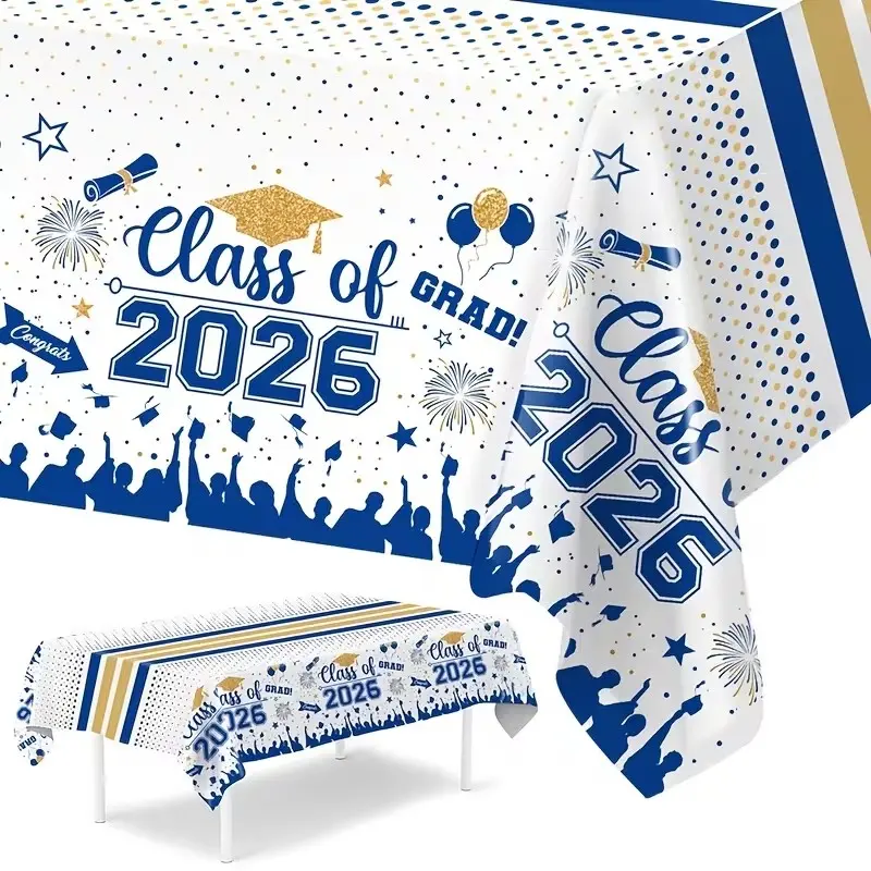 2D Flat Party Tablecloth 1pc, Polyester Blue Graduation Tablecloth, Background Gold Stripes Dots, Perfect for Graduation Celebration