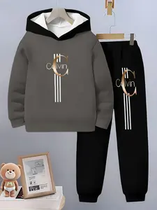 Boys' Colorblock 3D Printed Set, Kids Cartoon Letter Hooded Sweatshirt and Pants Two-Piece Set, Spring & Fall Casual Fitted