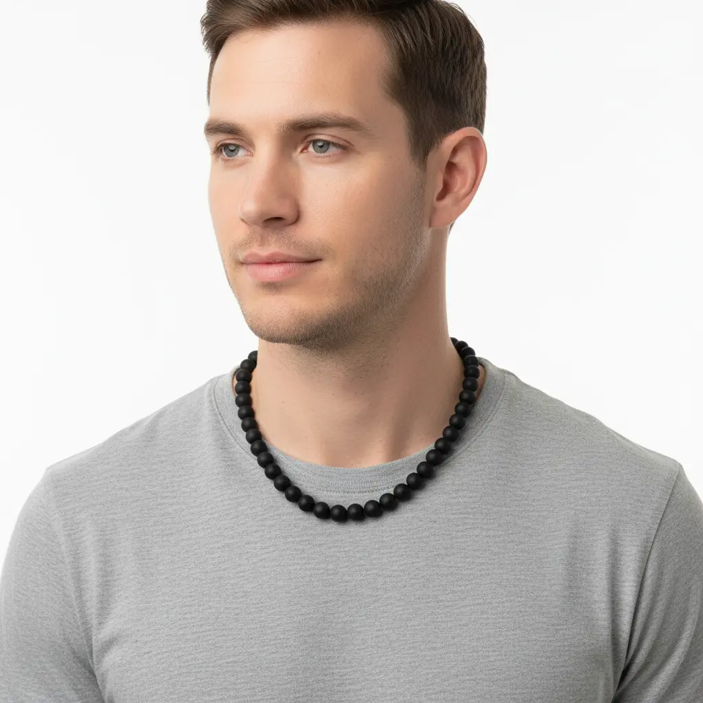 Mens Matte Black Onyx 10mm Beaded Necklace