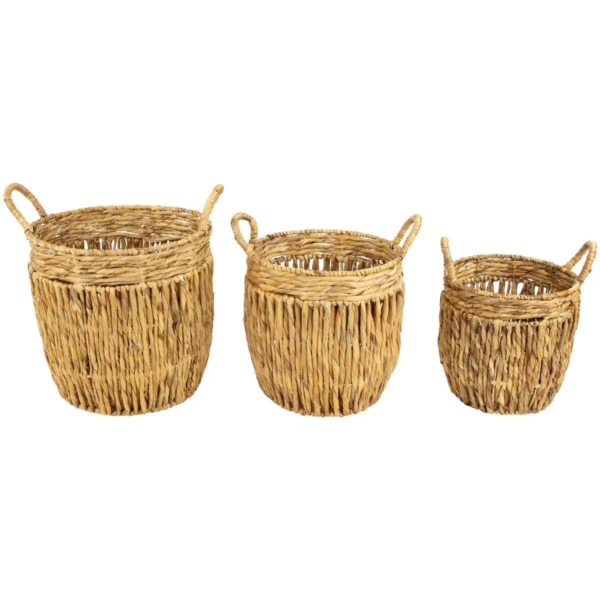 Northlight 35737394 15.75 in. Textured Woven Water Hyacinth Rustic Storage Baskets with Handles - Set of 3