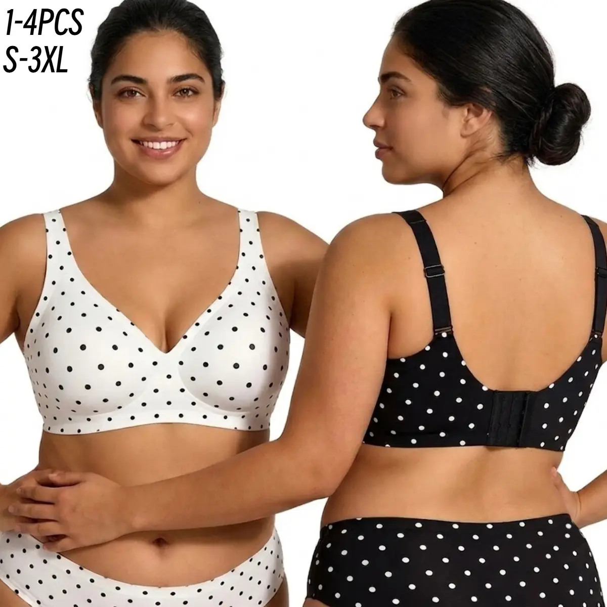 1/2/3/4PCS Jelly Bra Polka Dots Deep V Seamless Bras Wireless Everyday T-shirt Bra Plunge with Wide Straps Comfort & Sexy S M L XL XXL 3XL