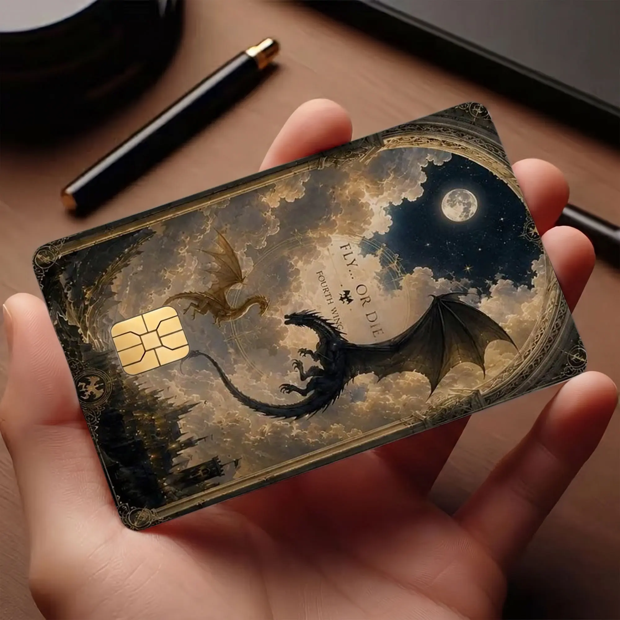 Moonlit Dragon Silhouette Debit Card Sticker, Fourth Wing Credit Card Skin, Nostalgia Fantasy Night Sky Dragon BookTok Decal, Gift for Book Lover