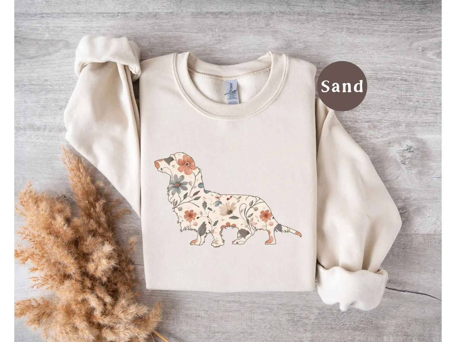 Floral Long Haired Dachshund Sweatshirt, Doxie Dog Mom Sweater Shirt, Cottagecore Boho Wildflower Crewneck, Gift for Wiener Dog Lover Owner