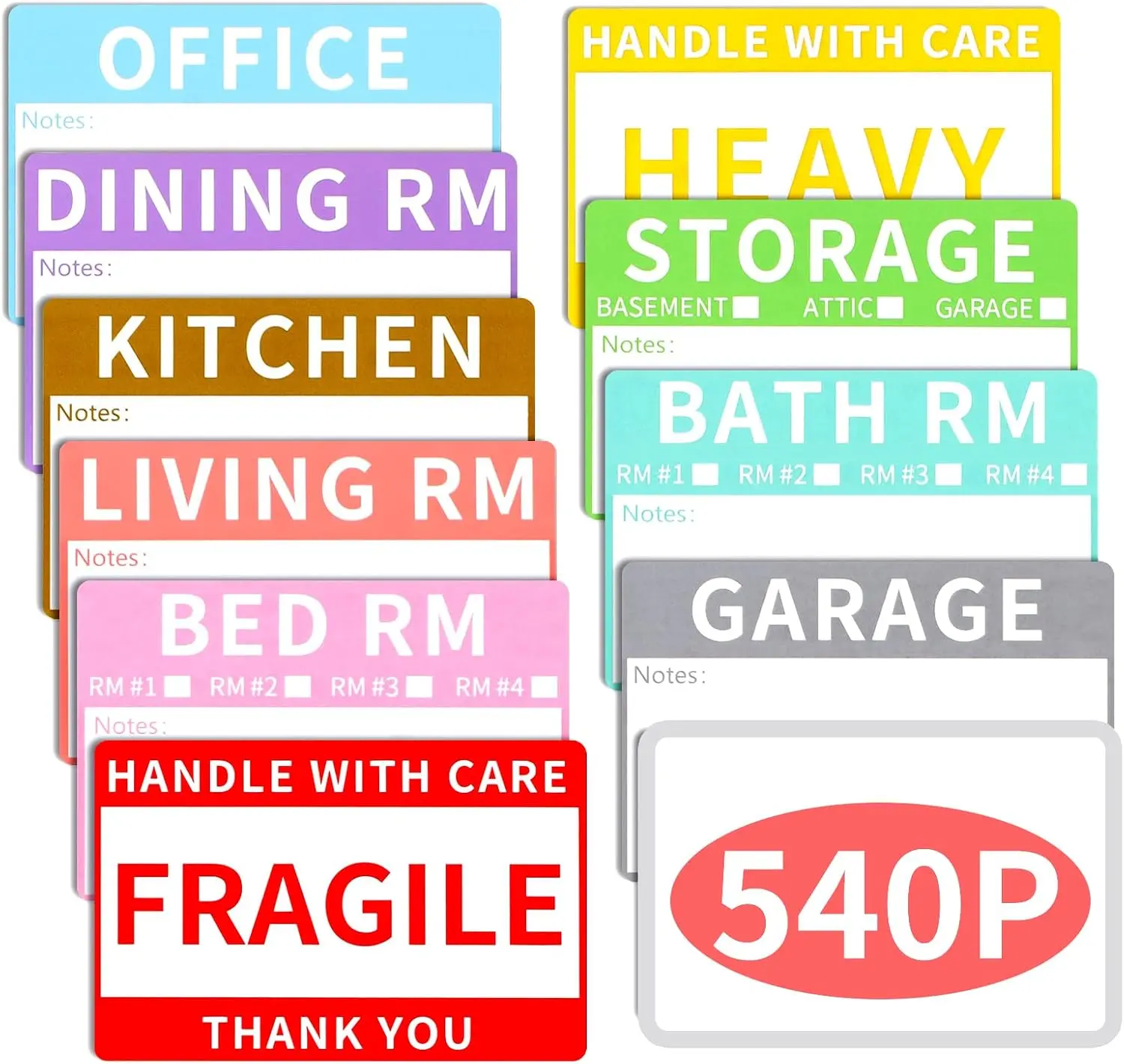 540 PCS Moving Labels, 10 Color Coded Moving Stickers Including Fragile, Heavy and Blank Labels, 2'' x 3'' Packing Labels for Moving Boxes, Moving Supplies, Wardrobe Boxes, Apartment Sticker
