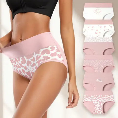 Hotcom Women's Plus Size High-Waist Soft Touch Briefs - 6-Pack Casual Cotton Clothes for Women, Breathable Underwear with Cute Prints for Everyday Wear