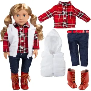 Dress Along Dolly Outdoor Fall Winter Hiking 4pc Doll Outfit- Includes Flannel Shirt, Vest, Jeans w Belt & Boots-  Compatible w 18" American Girl Doll