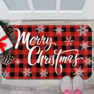Christmas Door Mat Indoor Entrance, Merry Christmas Checkered Doormat for Outdoor Decoration, Red Welcome Mat for Door Decoration