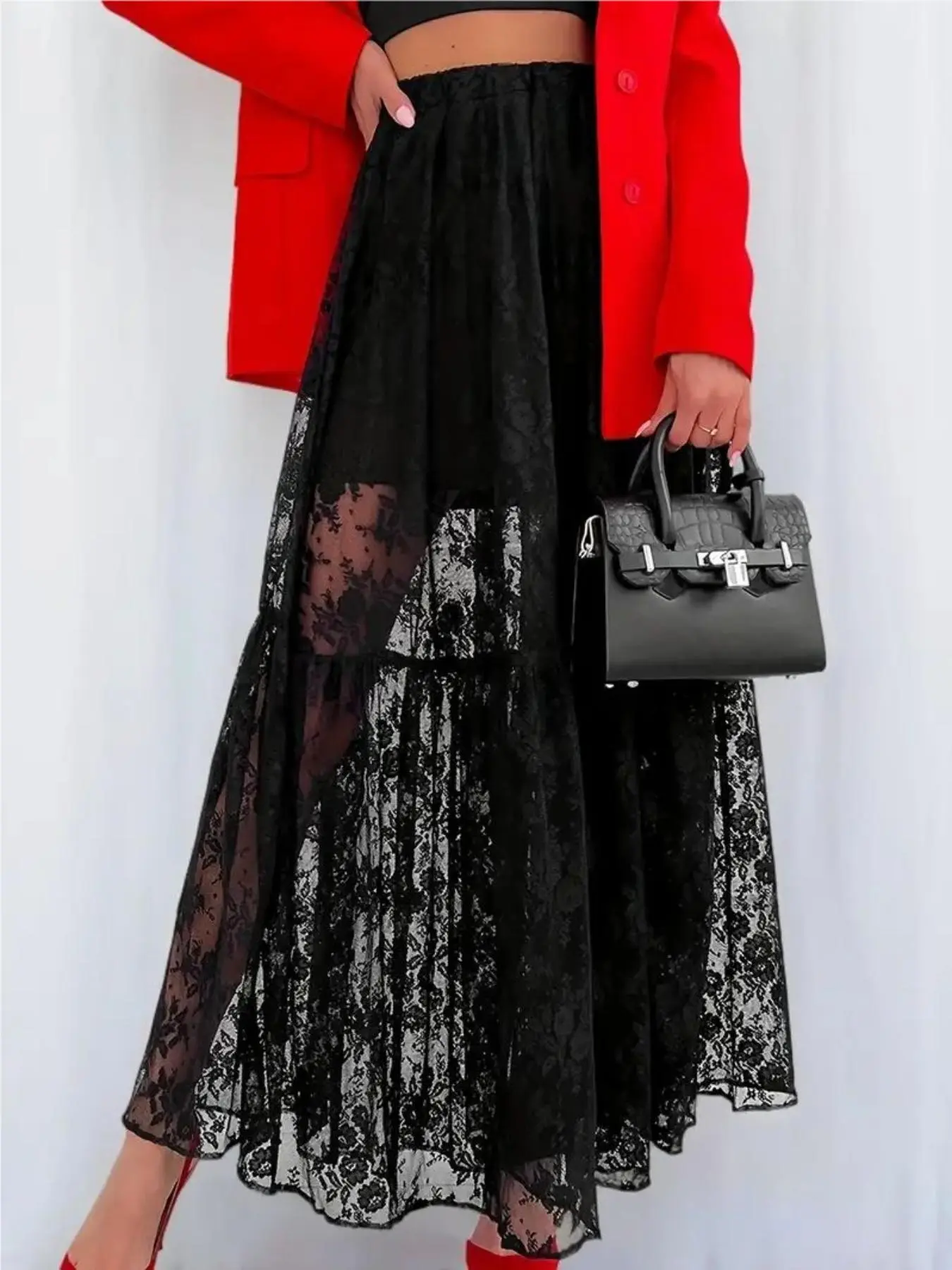 Women's Plain Lace Skirt, Elegant Fashion A Line Skirt for Daily Outdoor Wear, Ladies Bottoms for All Seasons, Elastic Skirt, Flared Skirt Design, Flared Maxi Skirt