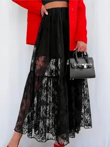 Women's Plain Lace Skirt, Elegant Fashion A Line Skirt for Daily Outdoor Wear, Ladies Bottoms for All Seasons, Elastic Skirt, Flared Skirt