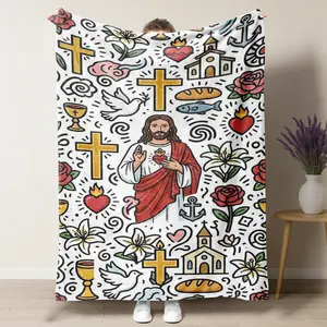 Summervibes Whimsical Christian Symbols Throw Blanket, Jesus & Cross Doodle Design, Cozy Blanket for Faithful Gifts & Worship