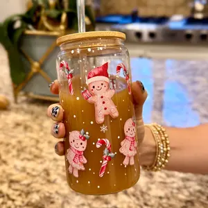 16oz Gingerbread Man Glass Cup with Lid and Straw - Christmas Iced Coffee Tumbler, Frosted Glass Can, Reusable Water Bottles, Cute Coffee Mug, Xmas Mug Gift