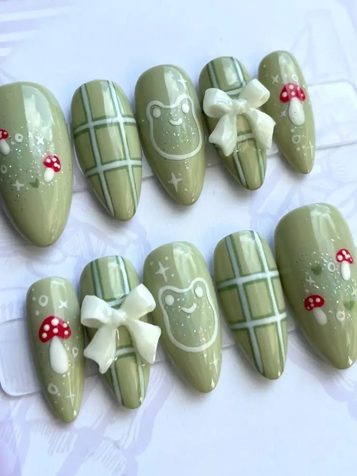 Frog Cottagecore Press On Nails | Handmade 3D Kawaii Frog Nails | Sage Green Gingham Mushroom Nail Art | Cute Luxury Almond Press-On Nails with Gift Set (Adhesive Tabs, Nail File, Cuticle Stick)