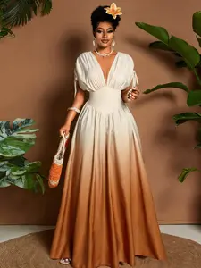 Gradient Ombre Brown Long Dress, French V Neck High Waist Swing Dress, Beach Vacation Party Evening Dress