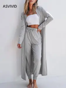 Women's Solid Long Sleeve Open Front Outwear & Drawstring Waist Pants Loungewear Two-piece Set, Casual Comfy Split Hem Outerwear & Pocket Trousers PJ Set, Ladies Sleepwear for Spring & Fall