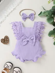 Cute Baby Girl Sweet, Soft, Comfortable, Breathable Solid Color Hollow Out Fringe Edge Dress Jumpsuit With Headband Suitable For Casual Parties, Vacations And Outings