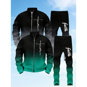 Gradient Color Faith Print Men's Stand-Up Collar Jacket + Jogger Pants: Daily Casual Sports 2-Piece Set