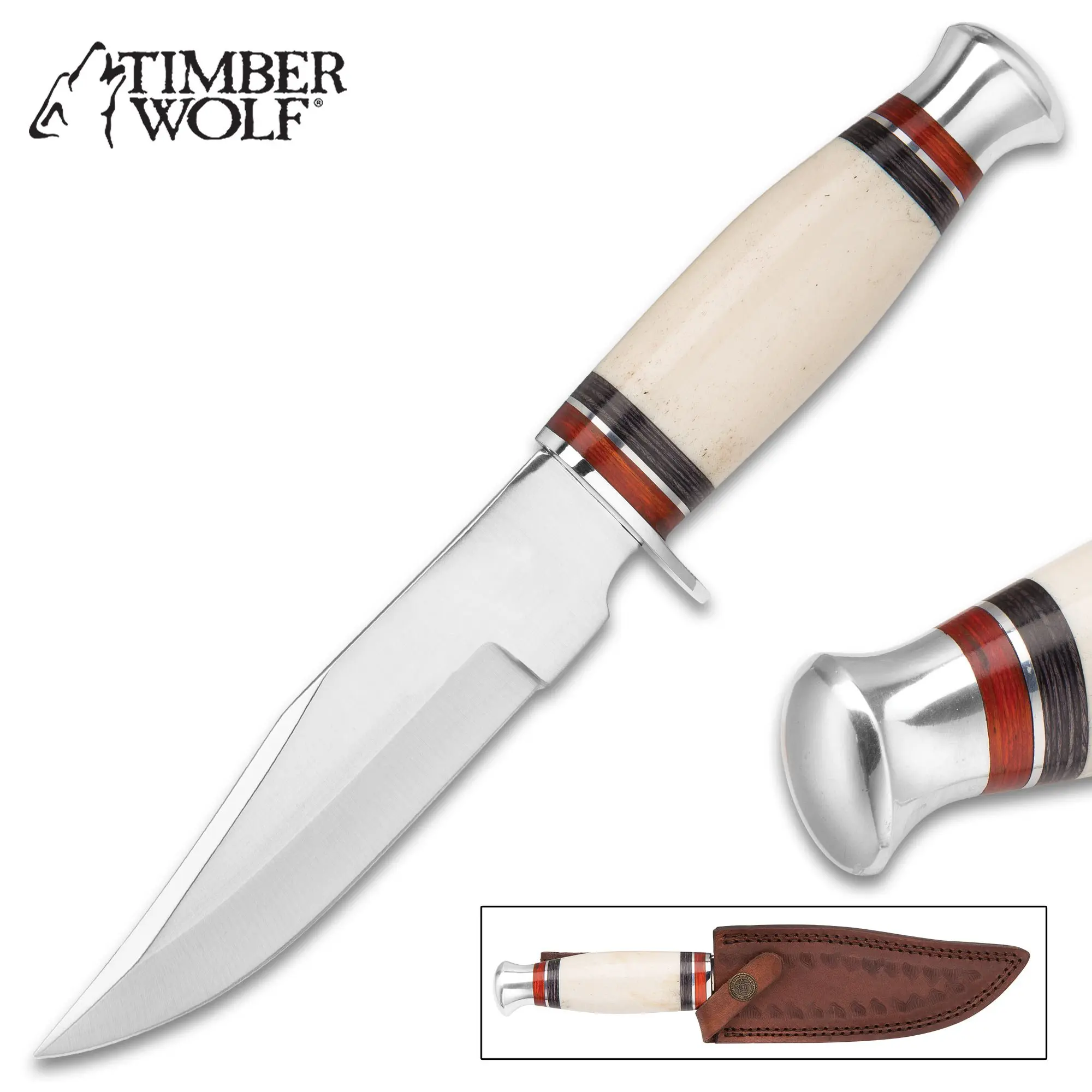 "Timber Wolf Appalachian Ivory Bowie / Fixed Blade Knife - Stainless Steel - Natural Genuine Bone - Red, Black Pakkawood - Genuine Leather Sheath - Outdoors Display Hunting Camping Collecting - 9 3/4"""