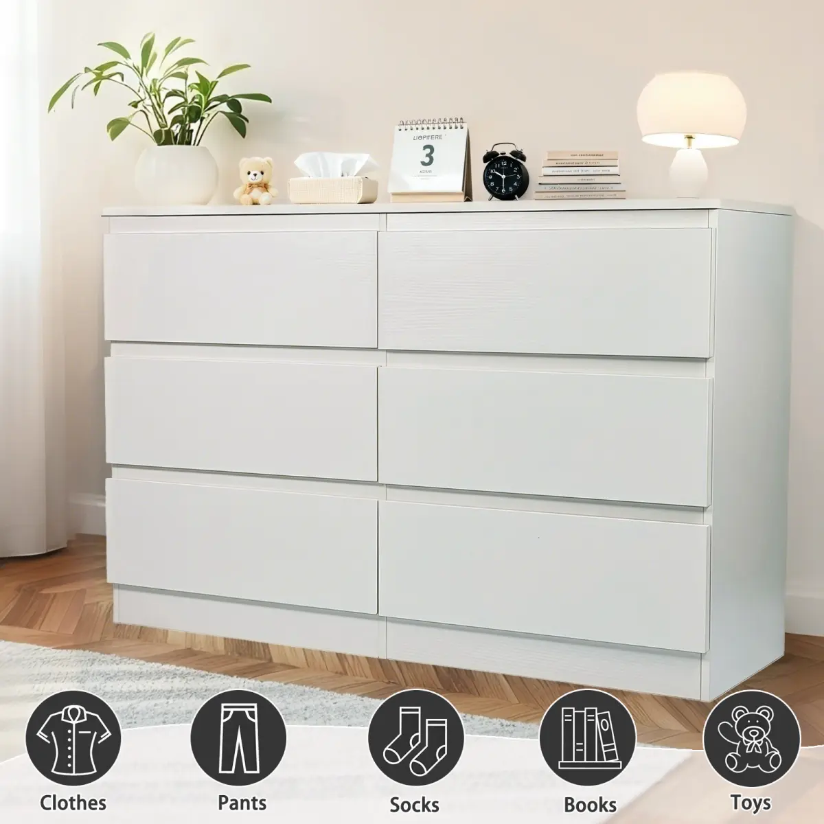 6 Drawer Dresser, Modern Dresser for Bedroom with Spacious Countertop, Wood Storage Cabinet with Concealed Handles & 6 Deep Drawers for Bedroom, Living Room, Entryway, 15.7" D x 47.2" W x 30.9", White