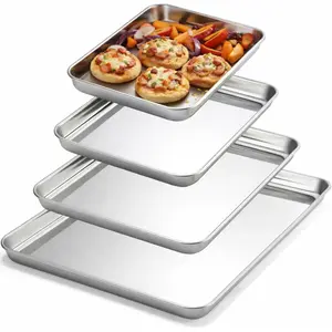 4 Pack Stainless Steel Sheet Baking Pans, 9/10/12/16 Inch Commercial Grade Cookie Sheets for Baking, Heavy Duty Stainless Steel Cookware Set, Non-stick,
