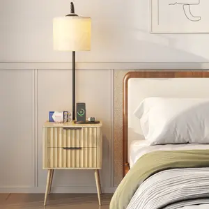 Vlsrka Fluted nightstand with - with 3-Color Lights and Lampshades,Modern Night Stand with Charging Station and Motion Senor,LED Bedside Table with 2 Drawers,Tall Side Table for Bedroom