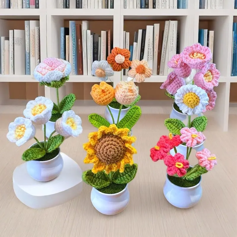 Eternal Bloom Bouquet Pot Handmade Crochet Artificial Flowers in Exquisite Pots Decorative Fruit Ornaments Gift Ornaments for Home Decor with Colorful Crocheted Flowers Nature Plants fall decor Sunflower Little kids tree