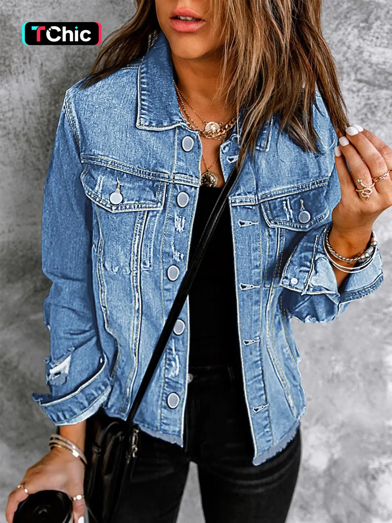 Women's Plain Button Front Raw Hem Denim Jacket, Casual Long Sleeve Collared Pocket Outerwear for Daily Wear, Ladies Clothes for All Seasons