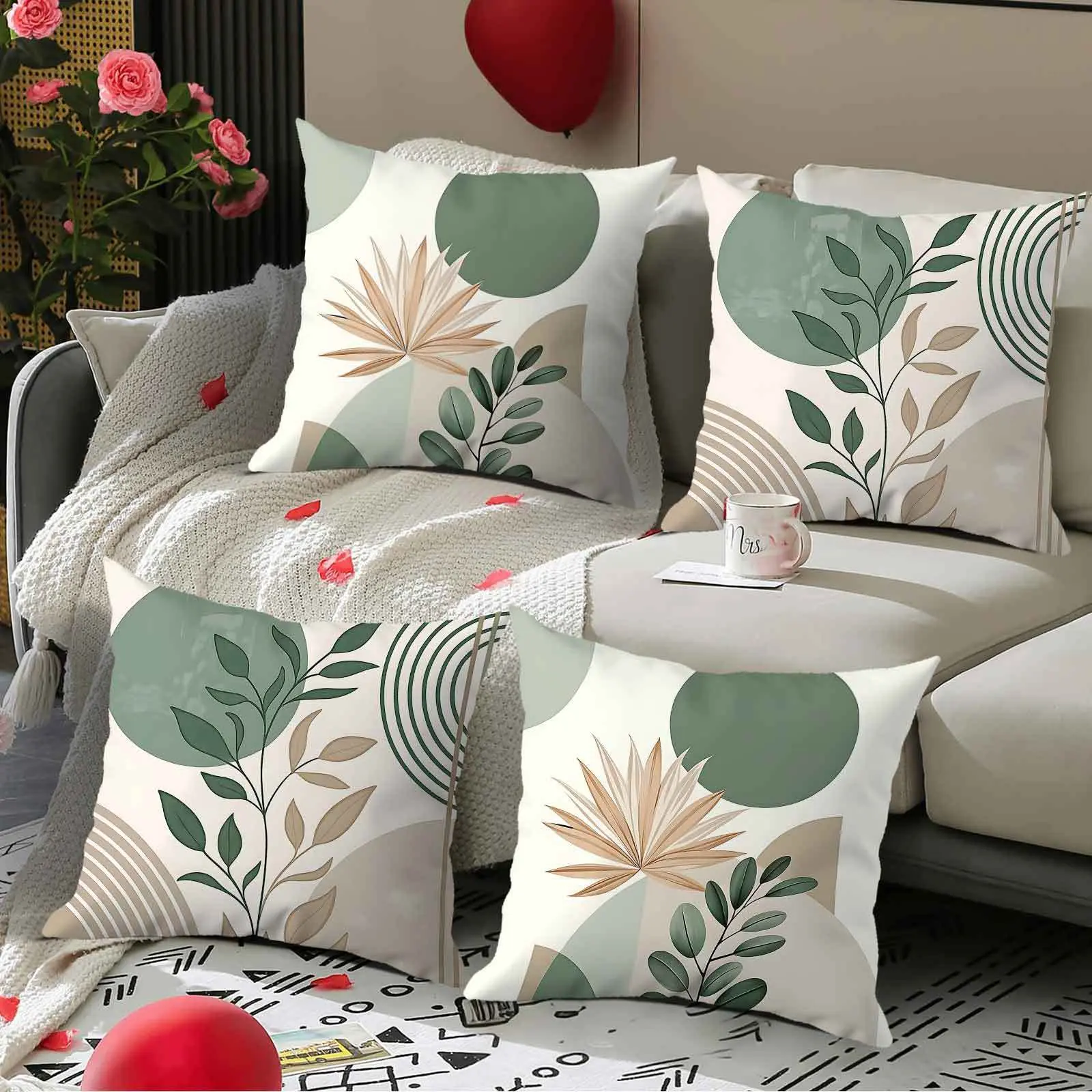 4pcs Modern Botanical Print Pillow Covers with Leaf and Geometric Shapes
