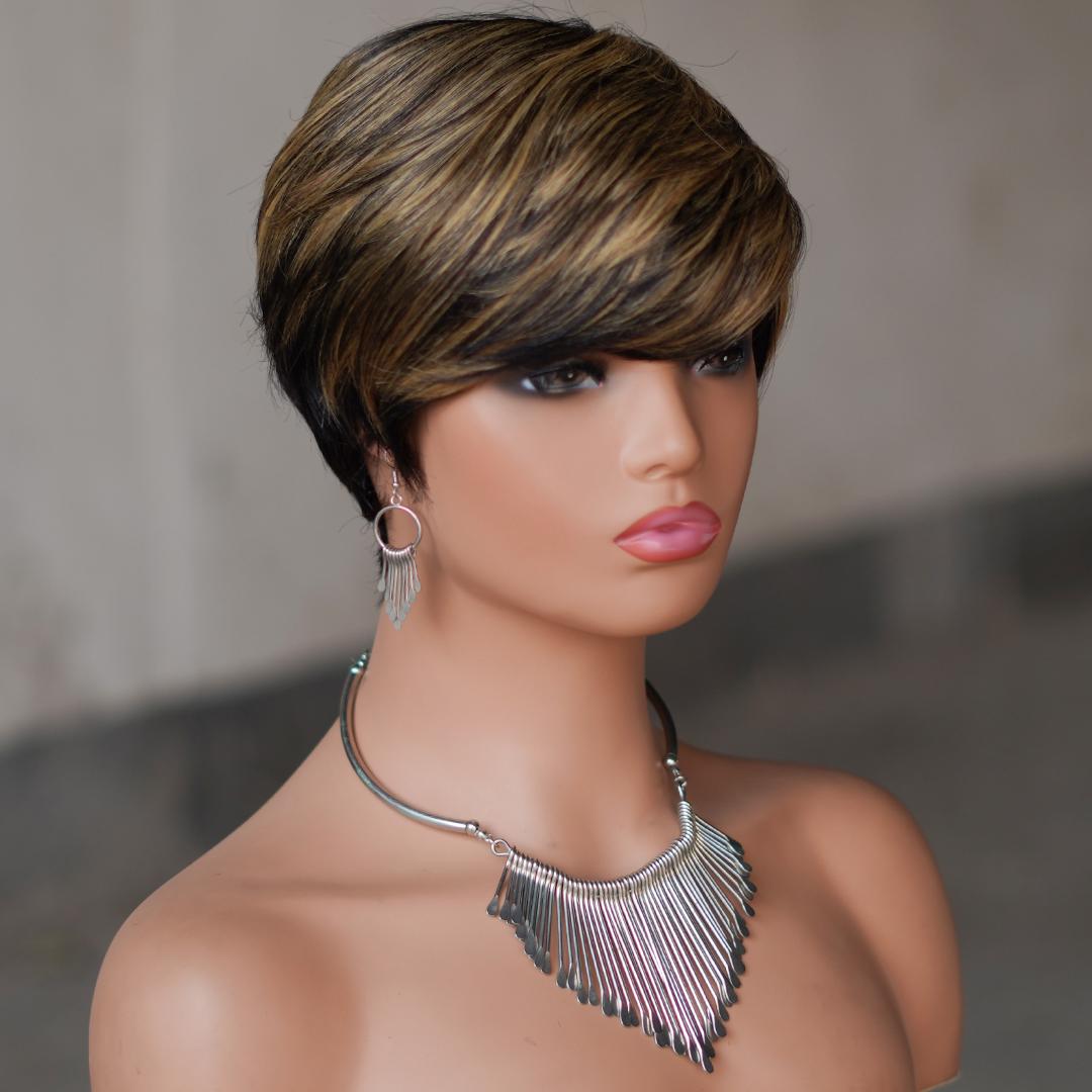 Glueless Short Pixie Cut Wig With Bangs, 180% Density Brazilian Virgin Human Hair, P1B/27 Ombre Black Blonde 6 Inch Layered Machine Made, Natural Look Wig With Caps For Women Daily & Party Wear