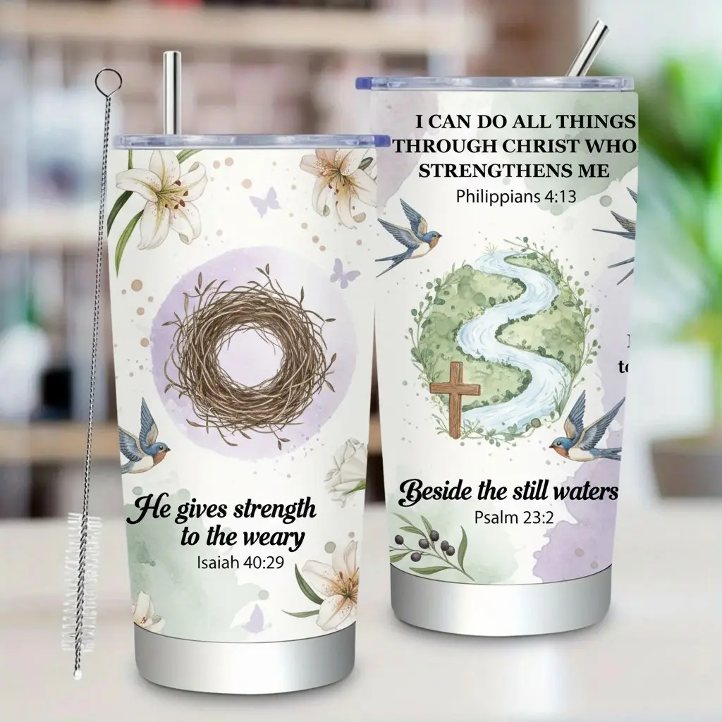20oz Christian Scripture Art Insulated Stainless Steel Tumbler with Beautiful Designs of Isaiah 40:29 'He gives strength to the weary' and Philippians 4:13 'I can do all things through Christ', Includes Stainless Steel Straw and Cleaning Brush, PVC-F