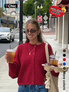 Women's Casual Fitted Sweater Jacket, Knitwear, Plain Knit Outerwear for Fall & Winter, Comfortable Moderate Fabric, Stylish Commute Wear