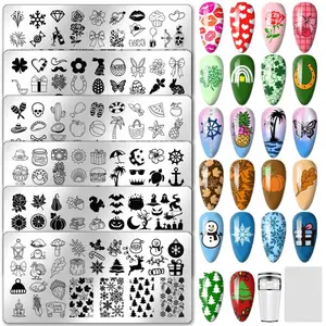 6pcs Holiday Themes Nail Stamping Plates Summer Beach Nails Art Stencils Halloween Christmas Manicure Art Templates Valentines Easter Nails Stamp Design for Women Manicures Salon Design
