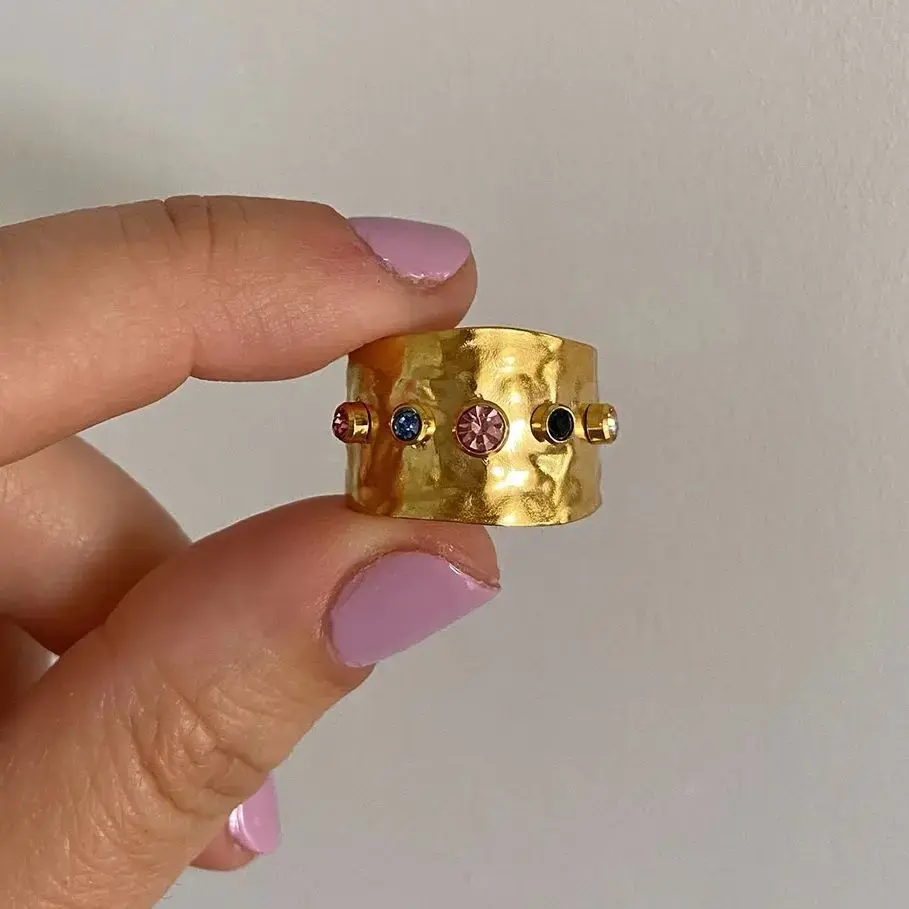 Fashionably Late Co. Colorful Cubic Zircon CZ Stone Crystal Wide Band Jewelry Women Stainless Steel Waterproof 18K Gold Plated Statement Rings