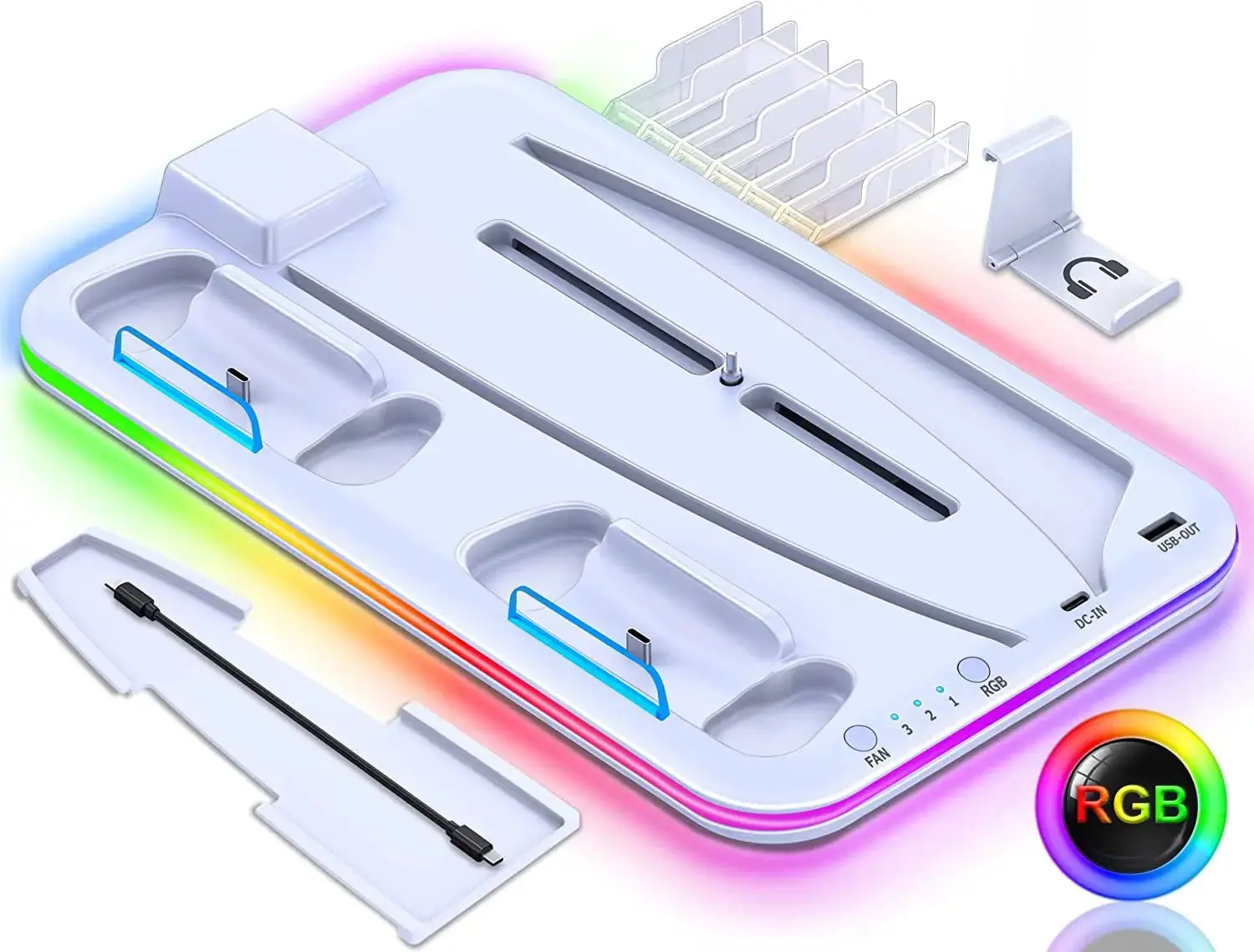 PS5 Charging Dock with RGB Light for Controllers and Headset Console Game