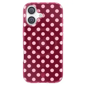 Raspberry Red Polka Dot iPhone 13 14 15 16 17 Case, Transparent Cute Pink Dots Design, Durable Shockproof Slim Fit Protective Cover - Magsafe