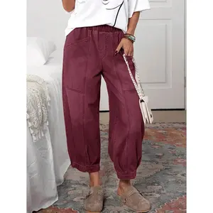 Women's Casual Washed Retro Balloon Leg Jeans Women Casual Pants Elastic Waist Pants Women Pants With Pockets Balloon Leg Pants Cropped Pants Cotton Fabric