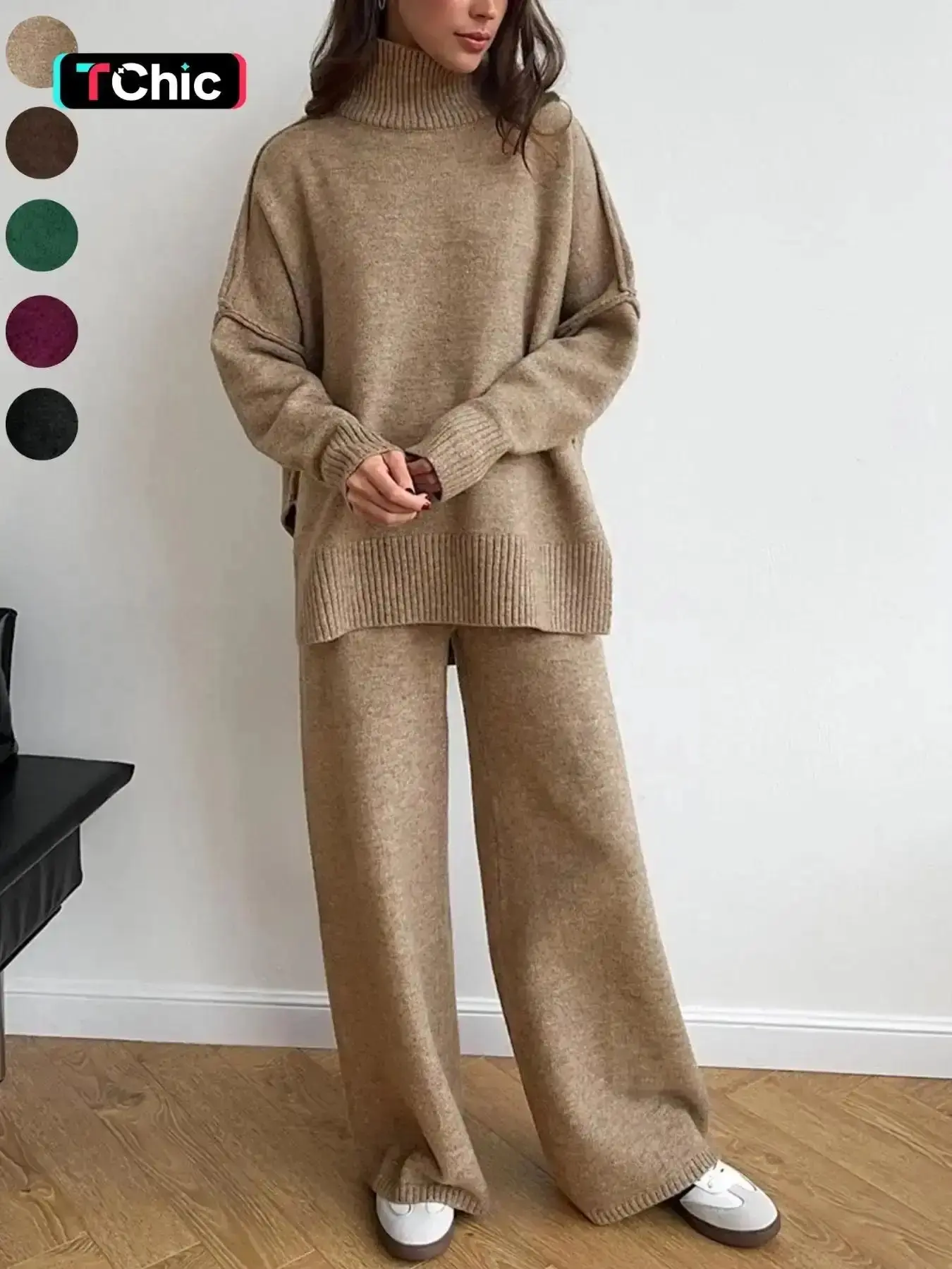 Women's 2 Pcs Solid Color Sweater Set for Autumn Winter, Long Sleeve High Neck Turtle Neck Turtleneck Drop Shoulder Pullover Sweater and Wide Leg Pants, Women's Fall Outfits, Casual Loungewear Set Womenswear