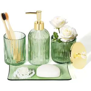 Designer green glass bathroom accessories sets 4 pcs with lotion soap dispenser bathroom toothbrush holder vanity tray and apothecary jar vintage bathroom decor gift countertop organizer