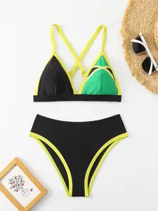 Neon Color Block Bikini Set | Cross Strap Triangle Top & High-Waisted Bottoms Asymmetric Color Block Bikini Set: Cross-Back Straps