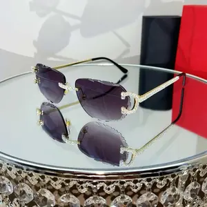 Luxury Round Cut Rimless Sunglasses Gray Lens Gold Frame High Quality Diamond Rhinestone Shine UV400 Unisex Fashion Accessories
