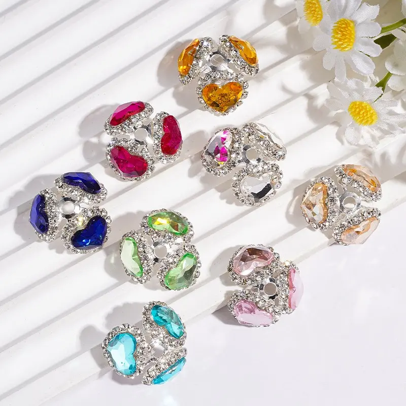 4pcs 3-Petal Heart Rhinestone Bead Caps, Crystal Rhinestone Flower Bead Caps, DIY Craft Accessories for Nail Art & Hair Decor