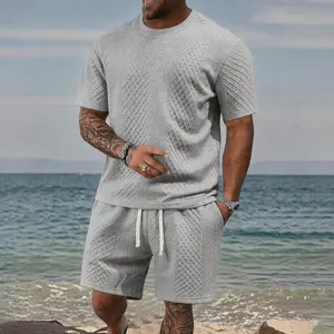 Men's 2-Piece Spring-Summer Solid-Color Casual Menswear Set - Refined Textured, Soft Geometric Vibe, Loose Knit Draping Fit, Matching Design, Ideal for Outdoor Sports & Everyday Home Wear
