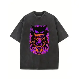 Menswear Purple and Orange Ghost Creature Evolution with Flame Washed T-Shirt, Unisex Plus Size Summer Graphic Tees Personalized Pattern Y2k Clothing Round Neck Short-Sleeved, 100% Cotton Top, Vintage Style Casual Oversized | Anime Streetwear